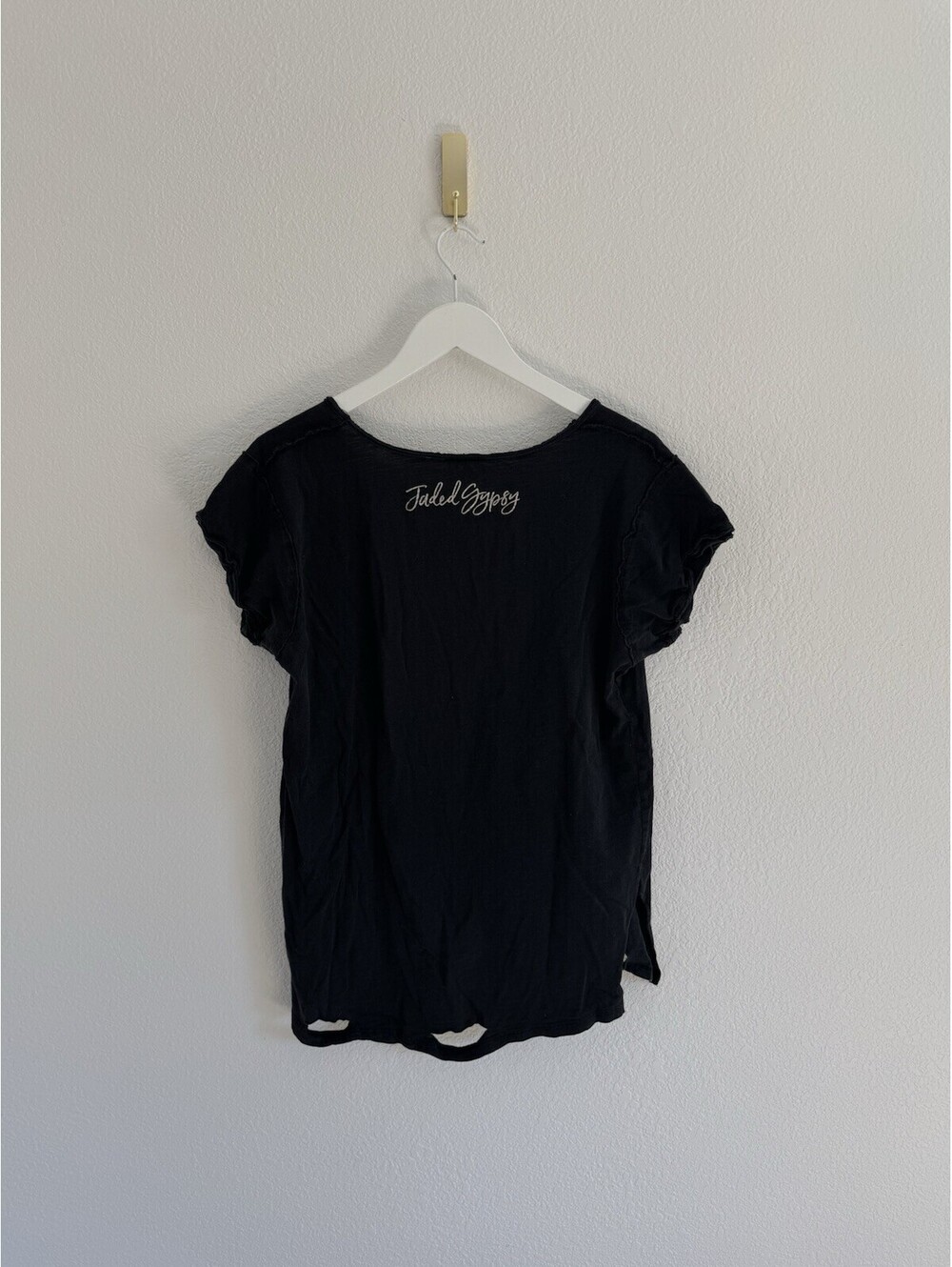 Jaded Gypsy Slate Grey Distressed Rolling Stones Short Sleeve Shirt Size L/XL - Picture 6 of 6